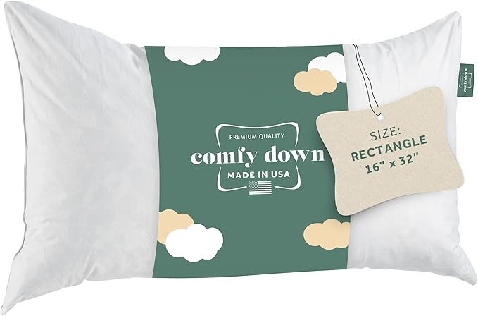 ComfyDown Decorative Throw Pillow Insert, Down and Feather Fill, 100% Cotton Cover, 233 Thread Count - Made in USA (16" X 32")