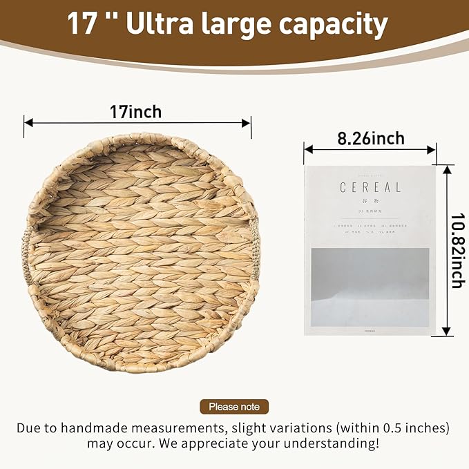Round Wicker Scalloped Serving Tray with Handles - Seagrass Handwoven Trays,Water Hyacinth Tray for Home Decor and Living Room, Dining Table, Bathroom Organizing, 17" L x 17" W x 3.6" H