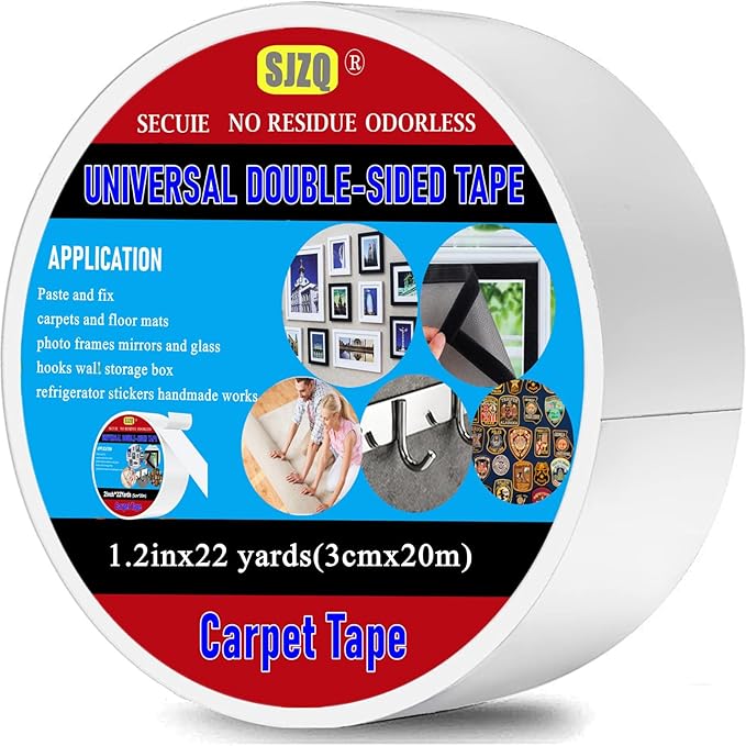 SJZQ Double Sided Carpet Tape Heavy Duty, 1.2inx22Yards No Residue Rug Tape for Hardwood Floors, Strong Hold Carpet Tape for Area Rugs, Mats, Posters on Tile, Concrete, Metal, Glass