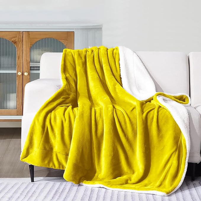 MOONLIGHT20015 Sherpa Blankets Queen Size - (Ochre, 90X90 Inches) Fuzzy, Soft and Wool/Fleece Blanket for Bed, Fluffy Blankets for Winter, Camping and Travel