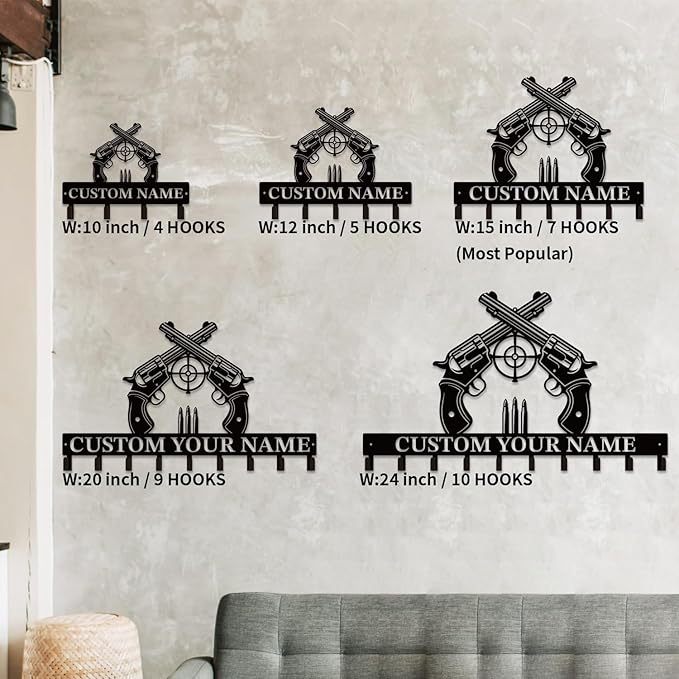 Personalized Custom Name Gun Wall Hooks,Metal Gun Room Art Clothes Hooks,Metal Gun Wall Home Storage Decorative,For Front Door, Hallway, Kitchen, Bedroom,Keys,Hats (Style I)