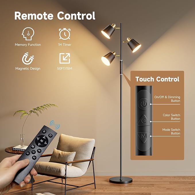 Jeagop LED Tree Floor Lamp, 2500LM Super Bright Standing Lamp with Remote & Touch Control, 4 Color Temperatures, 3 Rotatable Lights, Modern Dimmable Floor Lamps for Living Room Bedroom Office