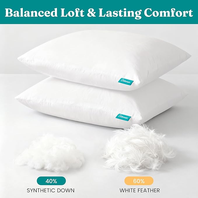 Oubonun 22x22 Feather Down Alternative Throw Pillow Inserts, 100% Cotton Cover, Medium Firm Decorative Pillow Inserts for Couch, Sofa, Bed, Chair (Set of 2)