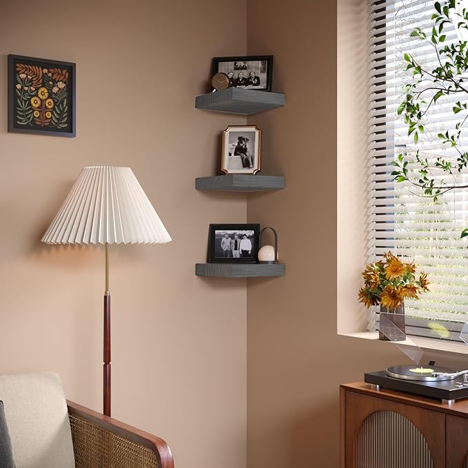 Small Floating Shelves for Wall - 9 Inch Mini Square Grey Shelves for Bedroom, Living Room, Bathroom, Kitchen, Office Decor Set of 3