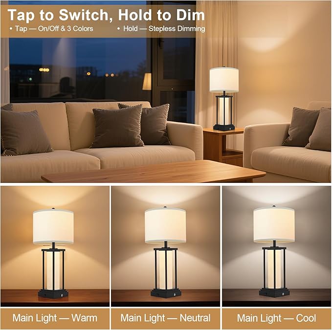 Living Room Table Lamps Set of 2, Bedside Lamps, 26.8‘’ Modern Table Lamps, Night Stand Lamp, Table Lamp with USB Port, 3 Color Temperatures, Stepless Dimming(Bulbs Included)