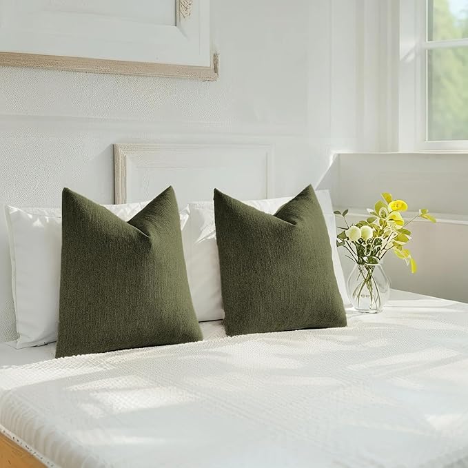 HAUSSY Moss Green Throw Pillow Covers 26x26 Inch Set of 2,Boho Decorative Faux Linen Throw Pillows Cozy Farmhouse Accent Cushion Covers,Home Decor for Couch Sofa Bed Living Room