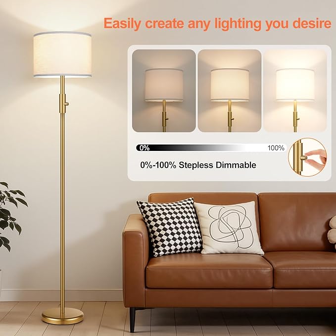 Yemela 【Upgraded】 Dimmable Gold Floor Lamps for Living Room, 11W LED Bulb Included, Modern Standing Lamp with White Lamp Shade, Tall Pole Light for Bedroom Reading Office Corner Nursery
