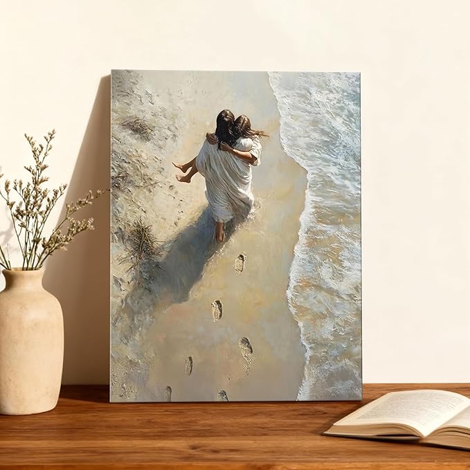 Jesus Holding Woman Wall Art, Jesus Footprints in the Sand Canvas Prints Wall Decor Paintings Christian Wall Art Home Decor Pictures for Living Room Church Prayer Room 16x24 Inch Framed