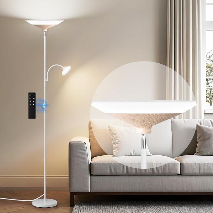 SIBRILLE Torchiere Floor Lamp with Wood Grain Shade, 72" Dimmable LED Standing Lamp with Remote, 2-in-1 Floor Reading Lamp with Color Changing, 34W White Corner Lamp for Living Room Bedroom Office