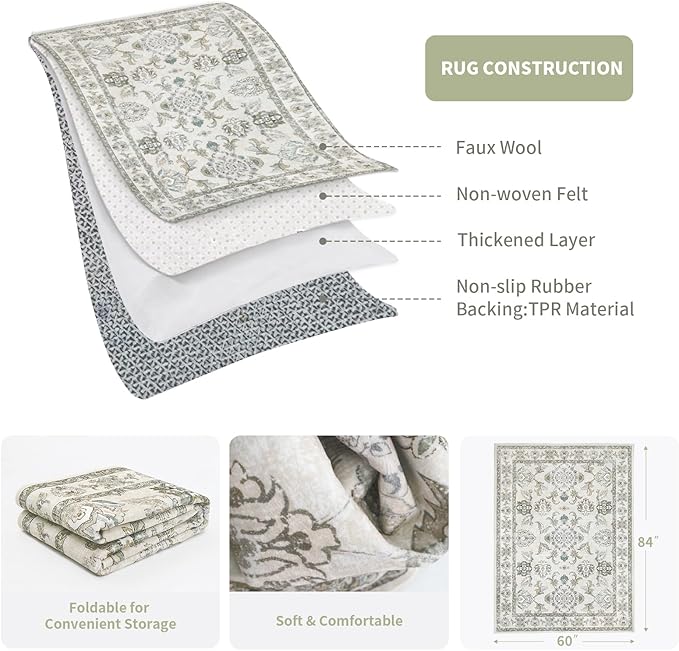 Dotiiorug 5x7 Washable Area Rugs Beige and Sage Green Vintage Boho Floral Farmhouse Rug for Living Room Bedroom, Non Slip Low Pile Carpet