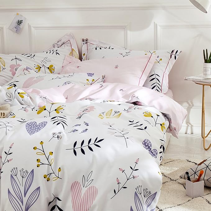 Girls Boho Floral Duvet Cover Twin Aesthetic Bedding Sets with 2 Pillowcases Pink Cotton Botanical Comforter