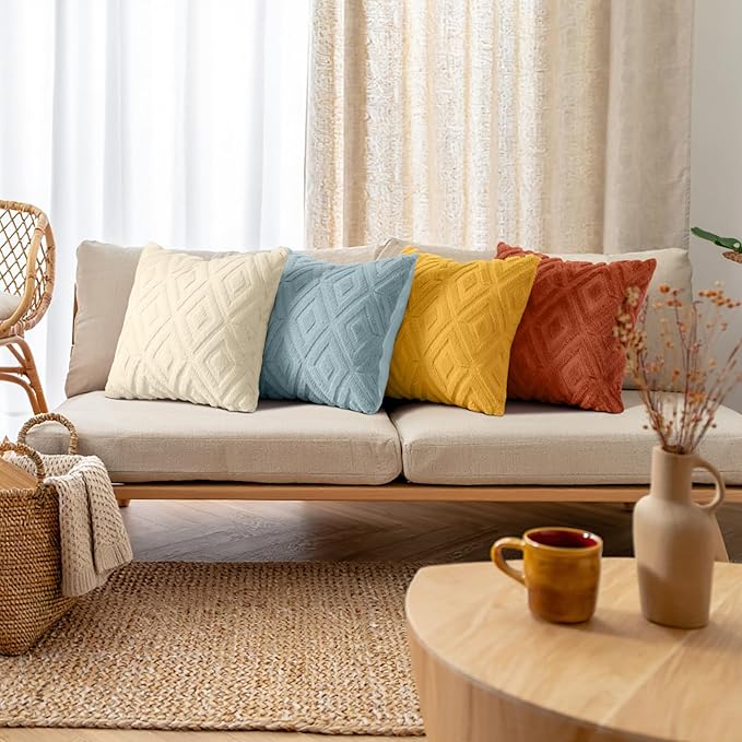 decorUhome Pack of 4 Faux Fur Throw Pillow Covers 18x18, Soft Decorative Couch Pillow Covers with Velvet Back for Modern Sofa Living Room, Yellow/Rust