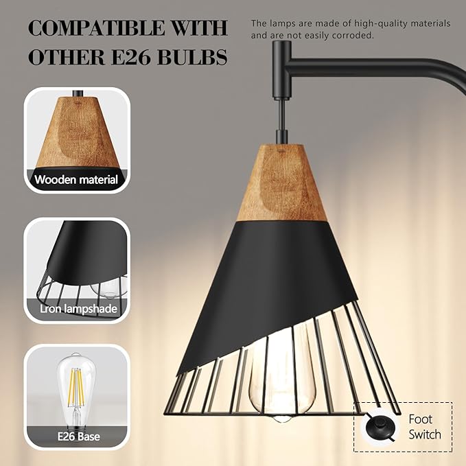 Alrryo 67" Industrial Floor Lamp with Wood & Black Metal Shade, Modern Standing Lamp, Rustic Farmhouse Tall Lamp for Living Room Bedroom Office, 2700K Bulb & Foot Switch Included (Black)