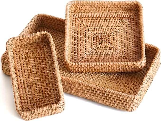 Rattan Serving Tray, Including 3 Sizes of Woven Wicker Rectangle Trays & Shallow Basket Trays. Decorative Rattan Baskets with Organizing Function, Daily Serving Needs