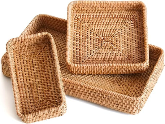 Rattan Serving Tray, Including 3 Sizes of Woven Wicker Rectangle Trays & Shallow Basket Trays. Decorative Rattan Baskets with Organizing Function, Daily Serving Needs