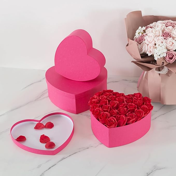Soul & Lane Heart Shaped Gift Boxes: Set of 3 Empty Paper Mache Boxes with Lids for Flowers, Gifts, Chocolate Strawberries & Special Occasions, Cardboard Pink Heart Shaped Box for Arrangements