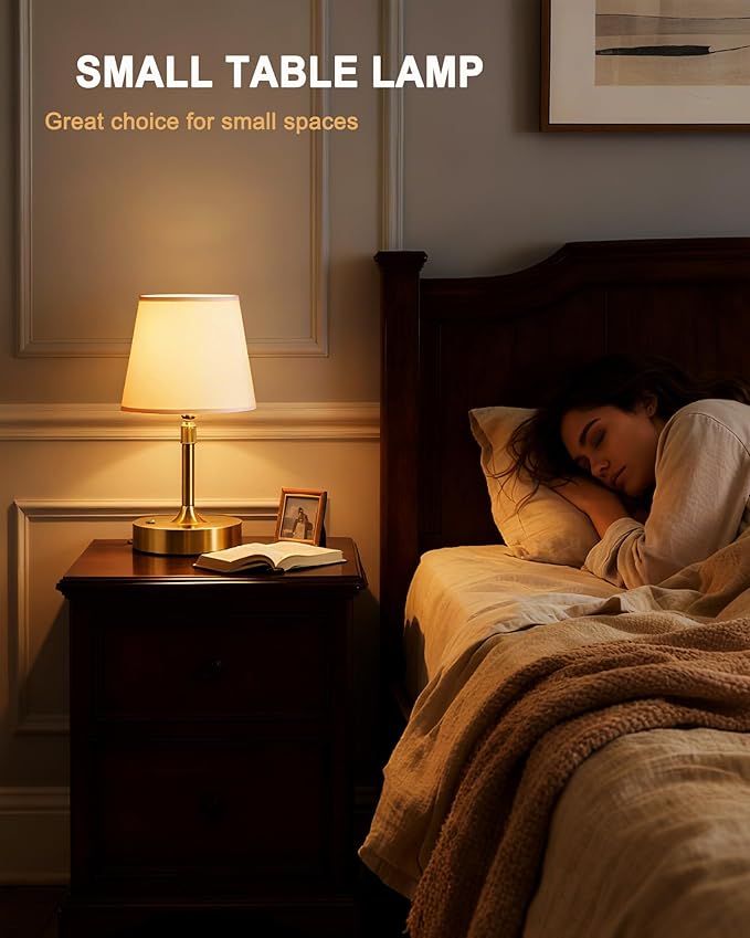 Small Cordless Lamp, Dimmable Rechargeable Table Lamp, 5400mAh Battery Operated, Portable Gold Touch Desk Lamp for Bedside, Kitchen, Counter, White Fabric Shade, E14 2700K Bulb Included