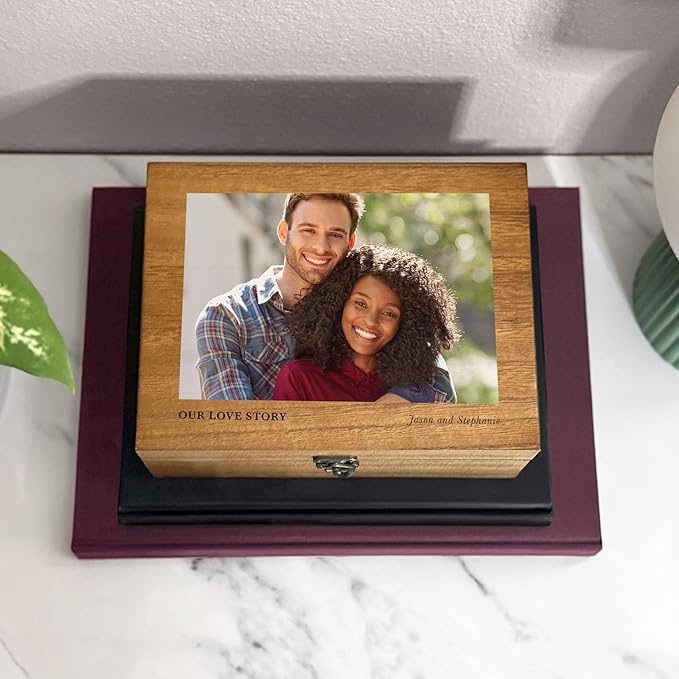 Let's Make Memories Personalized Wooden Keepsake Box With Hinged Lid - Wood Memento Box - Decorative Storage - Home Decor - For Couples, Wedding, Newlyweds - Upload Your Photo - Our Love Story