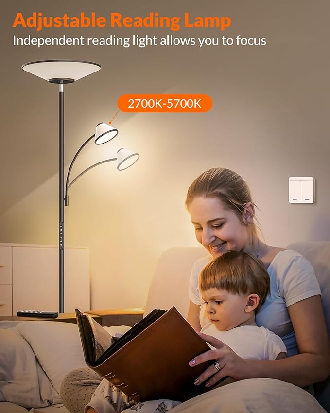 LEPOWER-TEC Bright Floor Lamp, Standing Lamp with Remote & Wall Switch, 60 Lighting Effects, Adjustable Torchiere Corner Light for Living Room, Bedroom, Office. Perfect for Reading & Ambiance