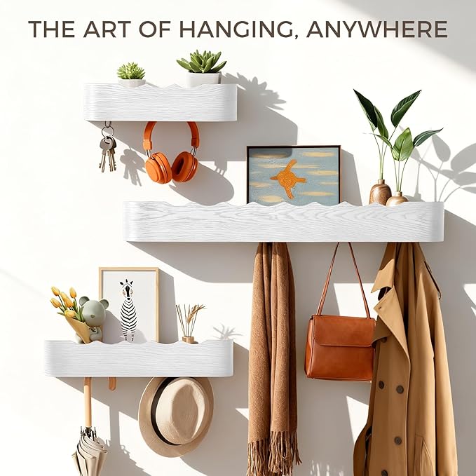 Wall Coat Rack Floating Shelves Modern Coat Rack Wall Mount with Storage Entryway Shelf Wooden Hanger 20 Inch 4 Hidden Metal Hooks for Living Room Bedroom (Wavy White, 8 Hooks)