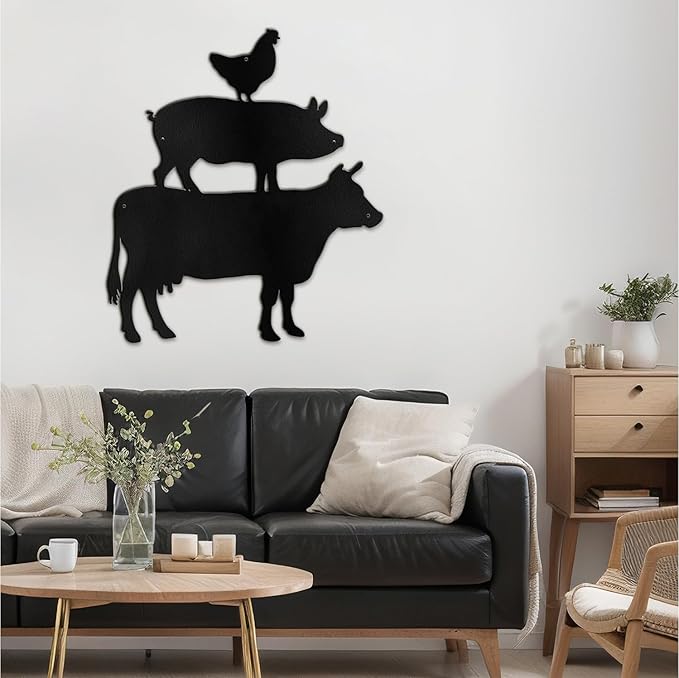 SIGNLEADER Metal Wall Art Decor Chicken, Pig, Cow Minimalist Modern Abstract Wall Sculpture Hangings Home Decoration for Living Room, Bedroom, Bathroom, Kitchen, Outdoor - 18" Black