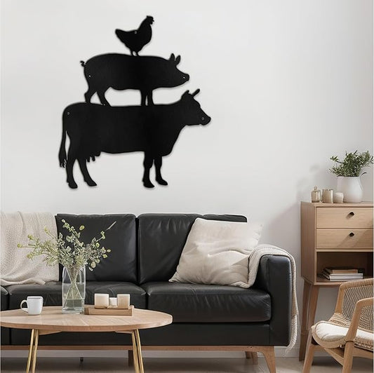 SIGNLEADER Metal Wall Art Decor Chicken, Pig, Cow Minimalist Modern Abstract Wall Sculpture Hangings Home Decoration for Living Room, Bedroom, Bathroom, Kitchen, Outdoor - 18" Black