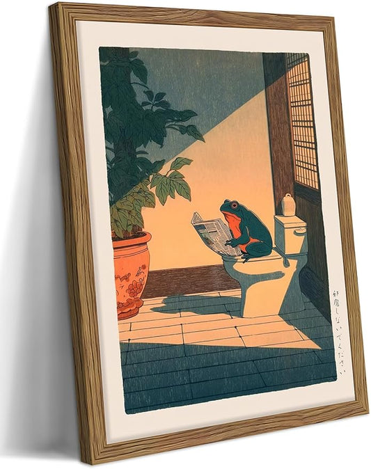 Funny Frog Bathroom Decor Wall Art, Cute Japanese Animal Canvas Wall Decor Painting, Whimsical Frog on Toilet Reading Newspaper Artwork Poster Prints Pictures for Bathroom Restroom 12x16 Inch