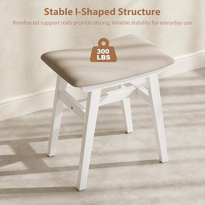 Solid Wood Vanity Stool, Compact Makeup Chair with Saddle Cushion, Linen-Covered High Rebound Sponge Seat, Easy Assembly Footstool for Bedroom, Entryway, Home, White