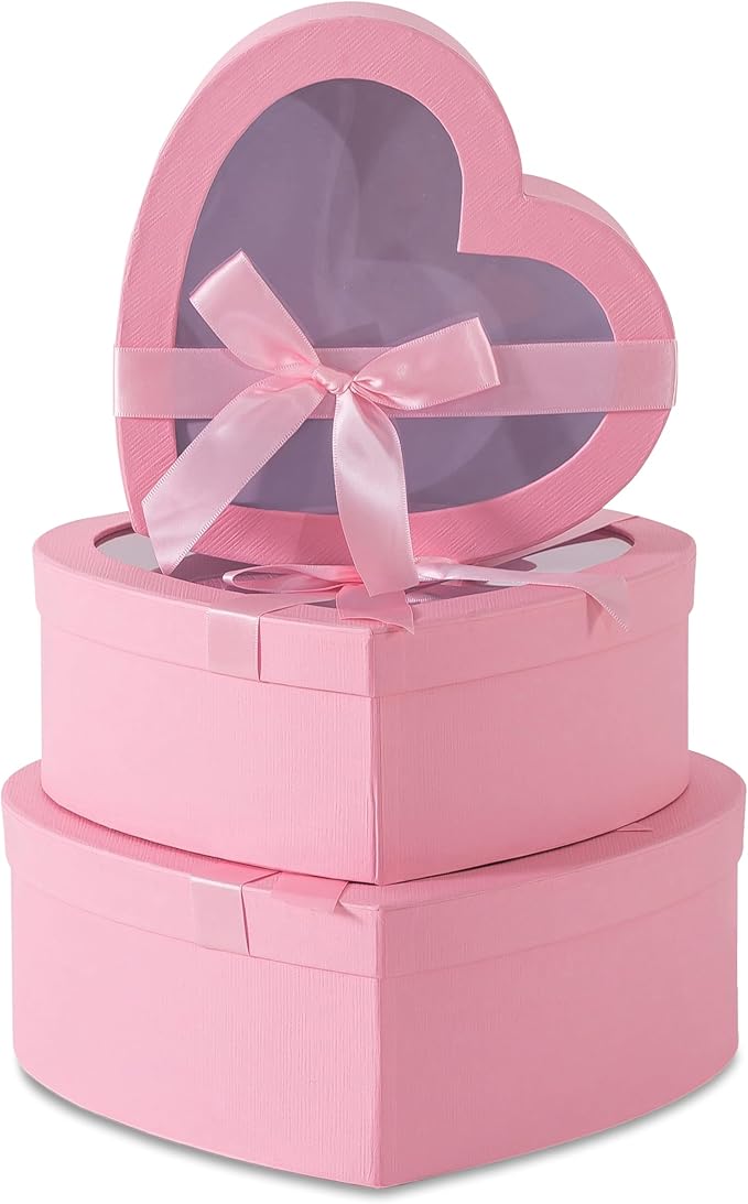 Soul & Lane Pink Heart Shaped Gift Boxes with Clear Lids and Decorative Bows: Set of 3 Cardboard Heart Boxes for Flowers, Chocolates, Large Box for Flower Arrangements and Valentine’s Day Presents