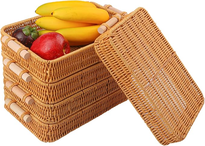 5 Pack 11.8 x 7.8 inch Rectangle Rattan Tray, Rectangle Woven Serving Basket with Handles, Storage Rattan Serving Trays for Home, Restaurant & Hotel Use, Durable & Easy-Cleaning