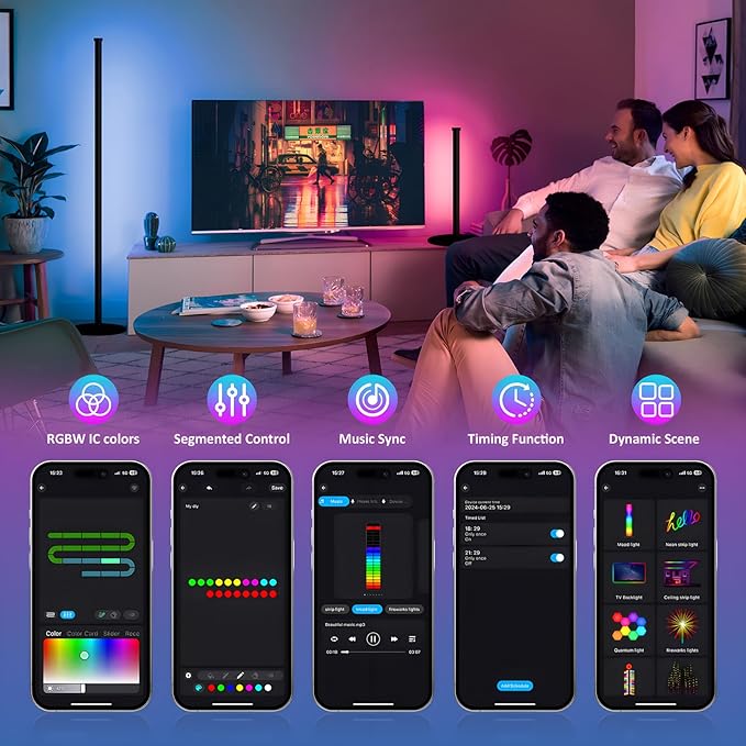 Corner Floor Lamp 1 Pair, LED Corner Lamp with Reomte, APP Control 16 Million DIY Color, Music Sync, Timing, Color Changing Ambient Lights for Living Room, Bedroom, Gaming(One Adaptor, Y Type Cord)