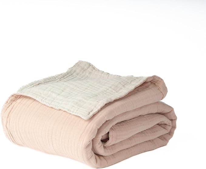 Salt Earth 100% Cotton Muslin Throw Blanket, 50"X60" 6 Layered Gauze Tassel Blanket Throw for Couch, Bed, Living Room, Home, Light Christmas Blanket and Throws for Christmas Gifts (Rose Dust/Moonbeam)