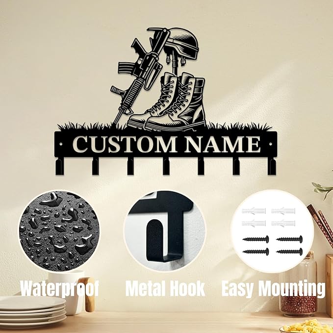 Personalized Custom Name Gun Wall Hooks,Metal Gun Room Art Clothes Hooks,Metal Gun Wall Home Storage Decorative,For Front Door, Hallway, Kitchen, Bedroom,Keys,Hats (Style K)