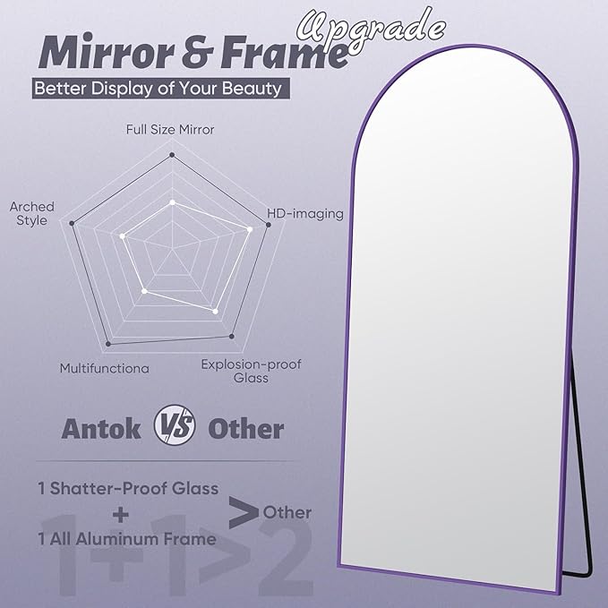 Antok Full Length Mirror, 58"x18" Floor Mirror, Arched Floor Standing Freestanding Arch Full Body Mirrors with Stand for Bedroom, Hanging Mounted for Living Room Cloakroom,Purple