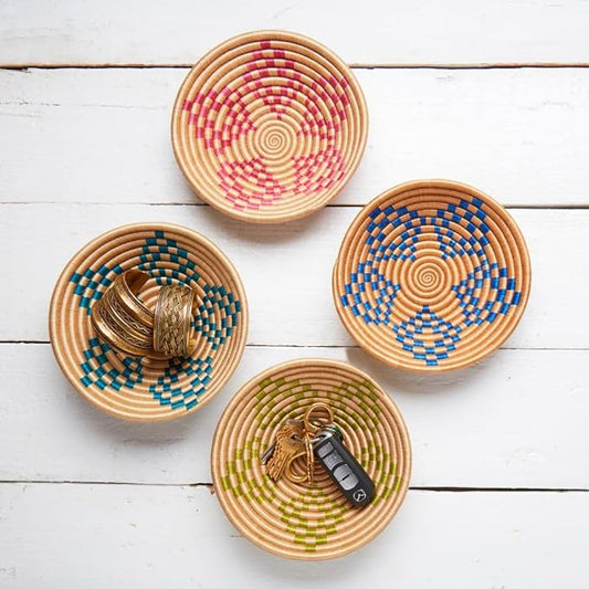 Colorful Decorative bowls for Home & Office - Keys, Wallet, Rings, Jewelry, Candy, Snacks, Wicker Basket Bowl, Round, Colors, 7" Wide, Set of 4pcs