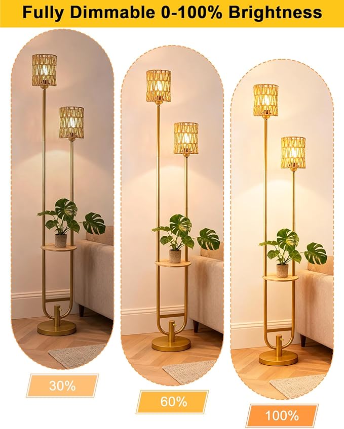 Lightdot 63IN Gold Floor Lamp with 2 Rattan Shades Mid Century Standing Lamps with Warm White LED Bulbs, Unique Vintage Tall Floor Lamp for Living Room/Wedding/Party