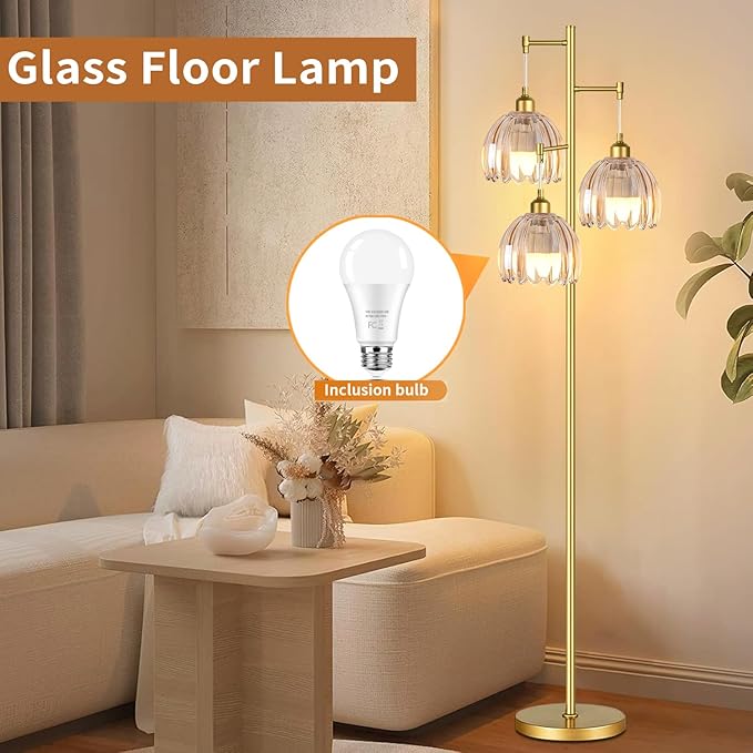 ZECOXOL Gold Floor Lamps for Living Room Bedroom-3 Light Glass Floor Lamp with Three Led Bulb, Rustic Tall Floor Lamp Gold Standing Lamp Tree Floor Lamps for Living Room Bedroom,Office,Corner