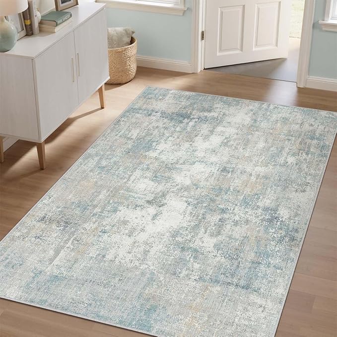 WondRg 4x5 Washable Area Rug Blue Cream Abstract Entryway Office Throw Rug Neutral Modern Non Slip Soft Low Pile Lightweight Carpet for Kitchen Living Room Bedroom Entrance