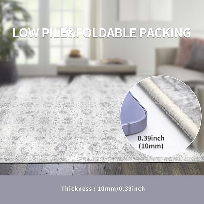 Dotiiorug Washable 4×6 Area Rugs for Living Room, Vintage Floral Rug Soft Non Slip Stain Resistant Boho Carpet for Bedroom Dinning Room Kitchen Home Office Grey