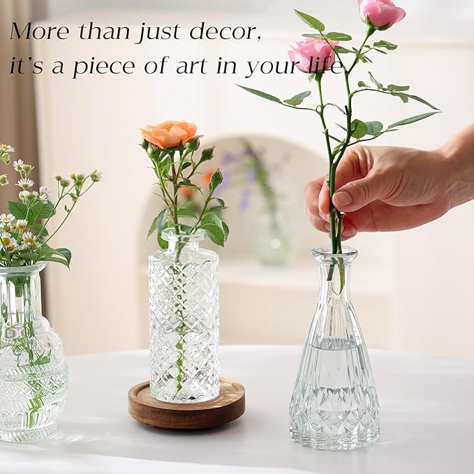 Glass Bud Vase Set of 20 - Small Vases for Flowers in Bulk - Assorted Vintage Crystal Vases for Flowers, Table Centerpieces (Clear, 20 Pcs)