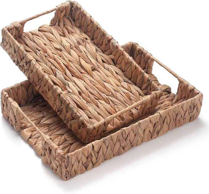Water Hyacinth Rectangular Serving Tray for Coffee Table Natural Storage Baskets with Handles for Home and Kitchen Decor Set of 2