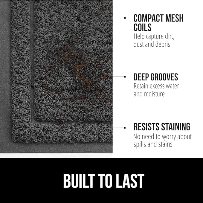 GORILLA GRIP Dirt Grabber Mesh Doormat, Low-Profile, Stain and Fade Resistant Heavy Duty Quick Dry Striped Doormats, Mats for Indoor or Outdoor Entry, Shoe Scraper, Garage Entrance Mat 35x23 Dark Gray