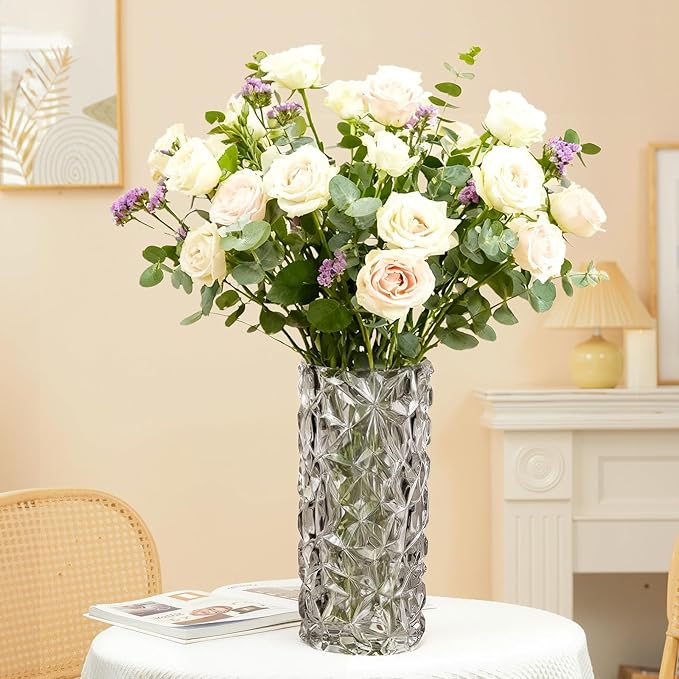 KAMMAK Glass Vase, Large Decorative Flower Vase with Cracked Texture for Wedding Centerpiece, Christmas or Birthday Gift for Women, Mom, Housewarming, Table, Office, Home Decor (White Ice Crack)