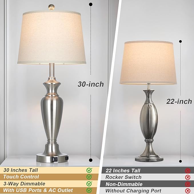 30" Tall Silver Table Lamps Set of 2 for Living Room, Touch Control Bedside Lamps for Nightstand, 3-Way Dimmable Bedroom Table Lamp with USB A+C Ports and AC Outlet (2 LED Bulbs Included)
