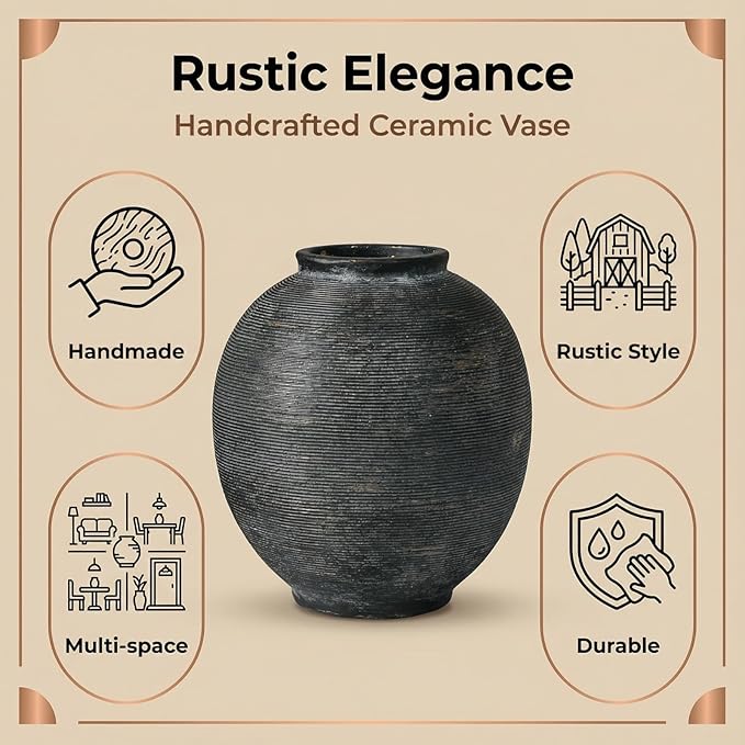 Black Round Ceramic Vase, 9.8 inch Large Textured Flower Vase,Minimalist Rustic Farmhouse Decor for Home, Living Room, Shelf, Table, Bathroom & Entryway Decoration (Black Bronze)