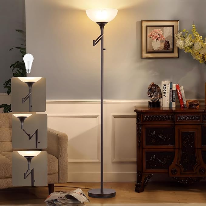 EJIAXIN Floor Lamps for Living Room Bronze, 71" Tall Standing Lamp with Glass Shade, Vintage Floor Lamp with 350°Adjustable Swing Arm Lamp, Pole lamp for Bedroom, Living Room, Office, Bulbs Included