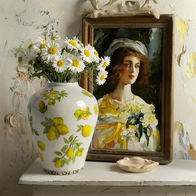 Vintage Lemon Ceramic Vase, Ice Glazed Crack Farmhouse Pitcher Vase for Shelf, Centerpiece Table,Room,Bathroom,Bedroom,Living Room,Office Decorations(7.8 inch)