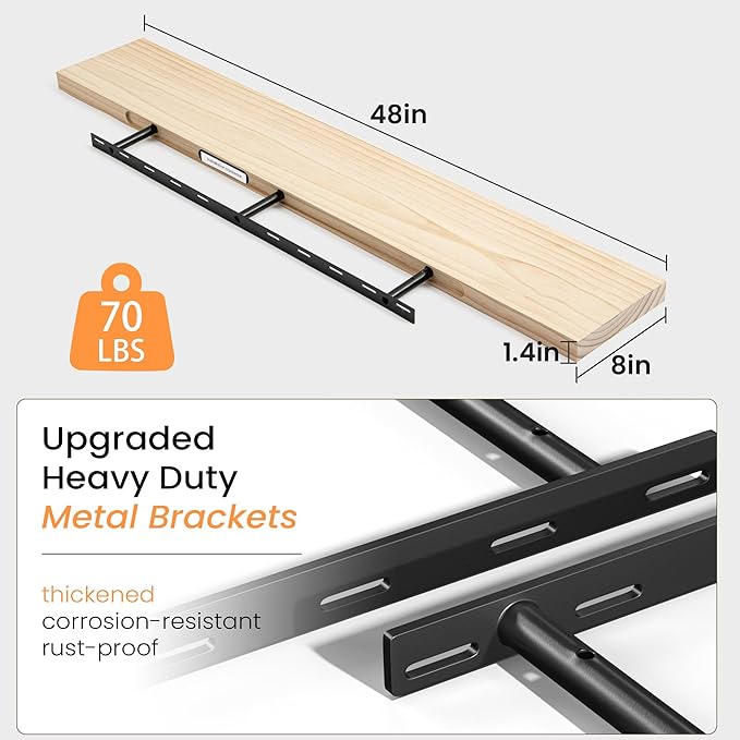 Fun Memories 48 Inch Floating Shelves for Wall, Deep Rustic Solid Wood Floating Shelf - Farmhouse Wall Mounted Display Shelf with Heavy-Duty Metal Bracket, 48" W x 8" D, Set of 1, Unfinished for DIY