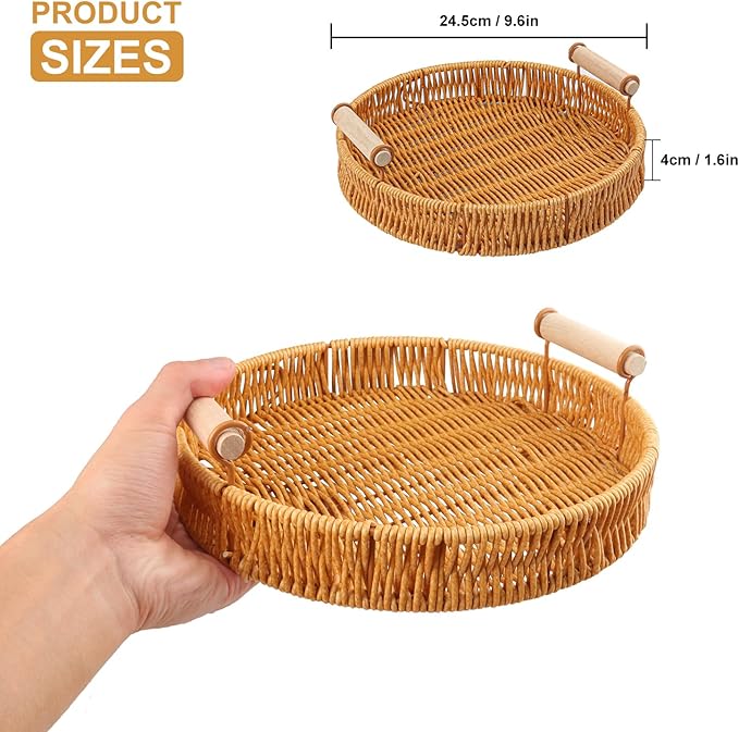 4 Pack 9.7 inch Round Rattan Tray, Round Woven Serving Basket with Handles, Storage Rattan Serving Trays for Home, Restaurant & Hotel Use, Durable & Easy-Cleaning