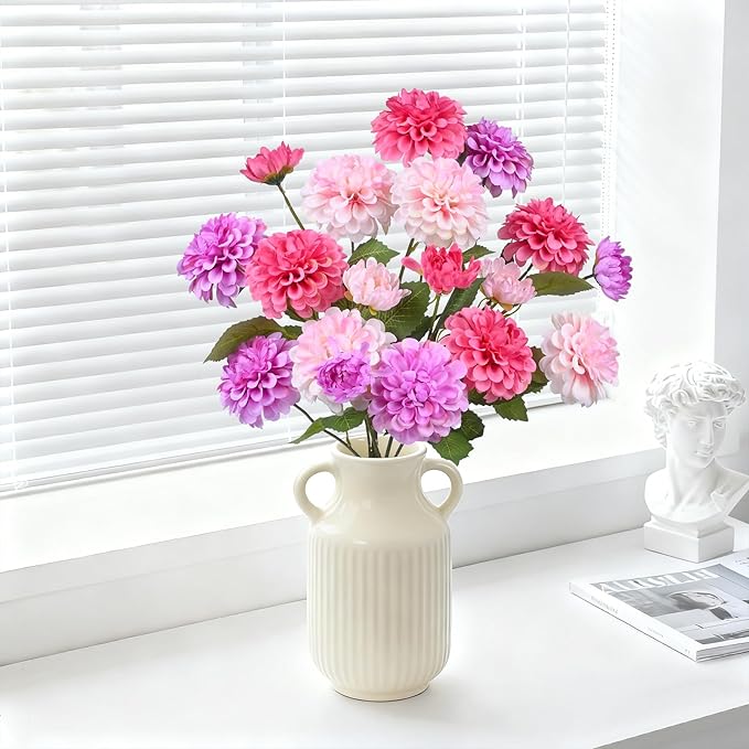 6Pcs Fake Artificial Pompon Mums Flowers Indoor with Long Stems Ball Chrysanthemum Faux Silk Flowers for Vase Floral Arrangement for Spring Home Decor Centerpieces for Table Kitchen Decoration